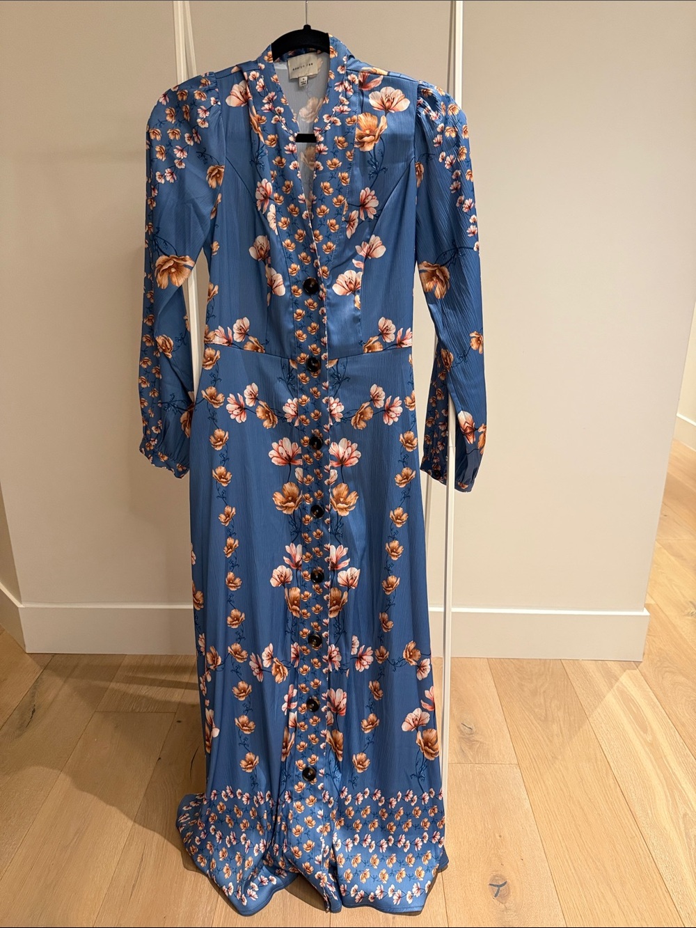 Adelyn Rae Blue Maxi Dress with Peach Floral Print